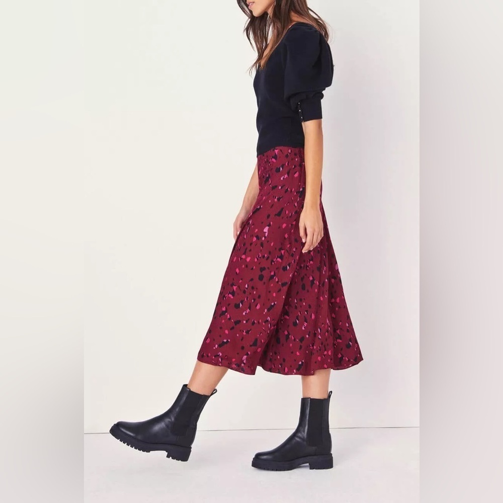 BA&SH / Tomy printed satin slip jacquard midi skirt Bordeaux Leopard 0